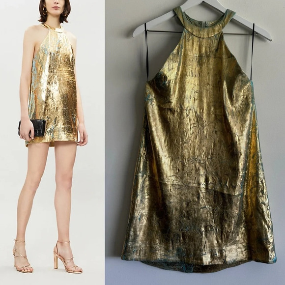 HALPERN Halter-neck Golden Foil Georgette Mini Dress size 38/4 - Picture 1 of 9